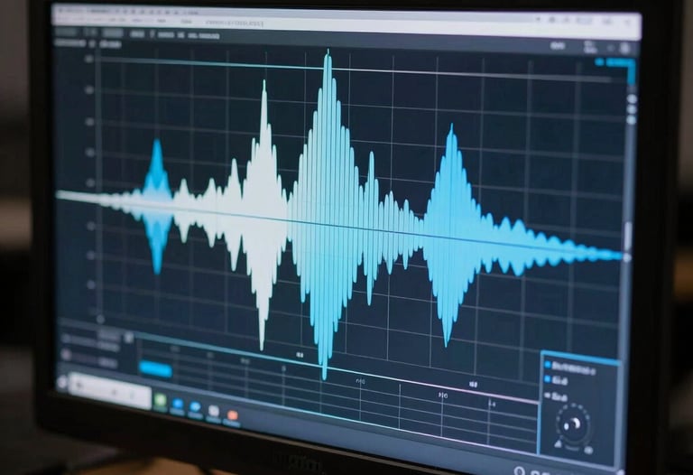 Close-up photography of a high-resolution display showing a spectral frequency analyzer in a dark studio. Cool colors like ice white and steel blue.