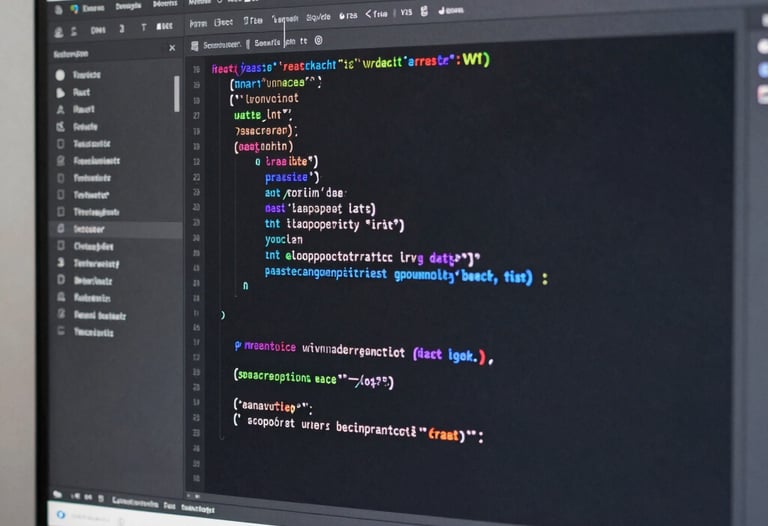 Close-up of a high-resolution monitor showing organized React code in a dark-themed editor. The lighting is neutral grey with white highlights, reflecting a clean and professional software development environment in a Turkish studio.