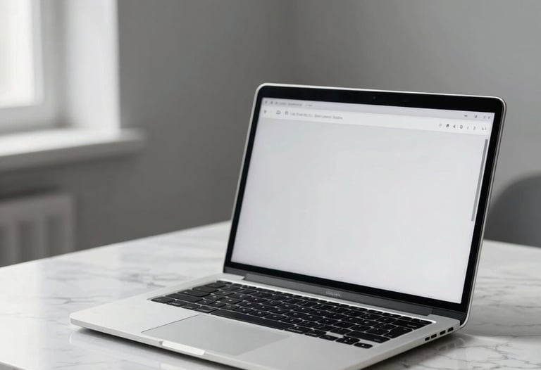 A sleek silver laptop open on a white marble desk. Screen displays a minimalist homepage design. Soft natural light, grey walls, very clean and modern Turkish interior.