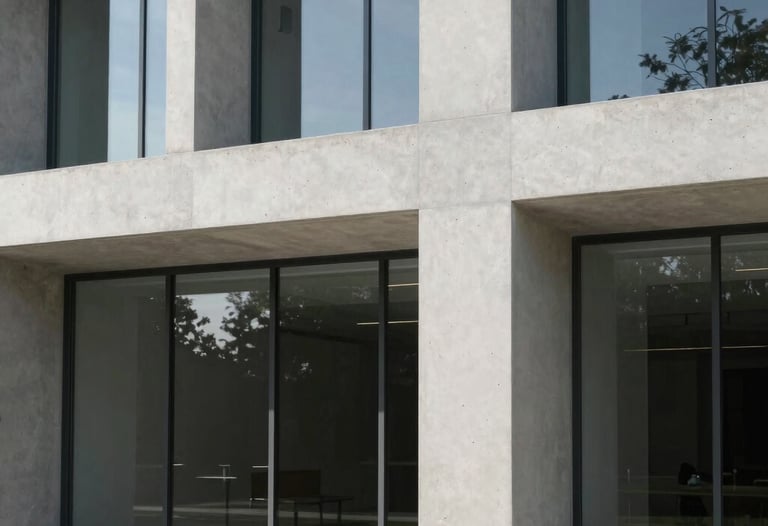 A minimalist architectural detail of a modern Turkish technology park. Clean concrete lines, large glass windows, and a neutral color palette of grey and white under soft daylight.