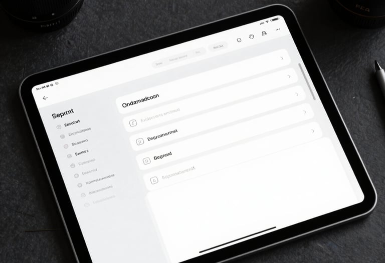 Overhead shot of a tablet displaying a clean, minimal UI design system. The colors are white, light grey, and dark charcoal. Professional creative tools in the background.