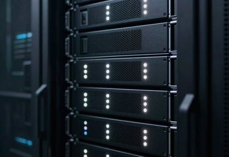Clean, technical close-up of a server rack with soft white indicator lights in a dark data center room. Modern and high-tech atmosphere, black and dark grey tones.