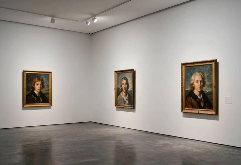 A wide shot of a modern, minimal art gallery in Istanbul with large white walls and dark floors. Soft, even lighting, architectural focus.