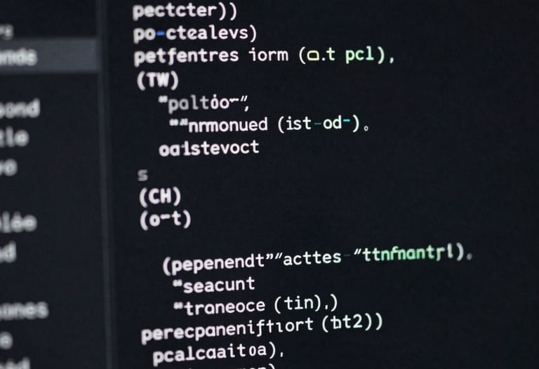 Detail of a minimalist coding interface with syntax highlighting in white and grey on a dark background. Very clean and professional tech imagery.