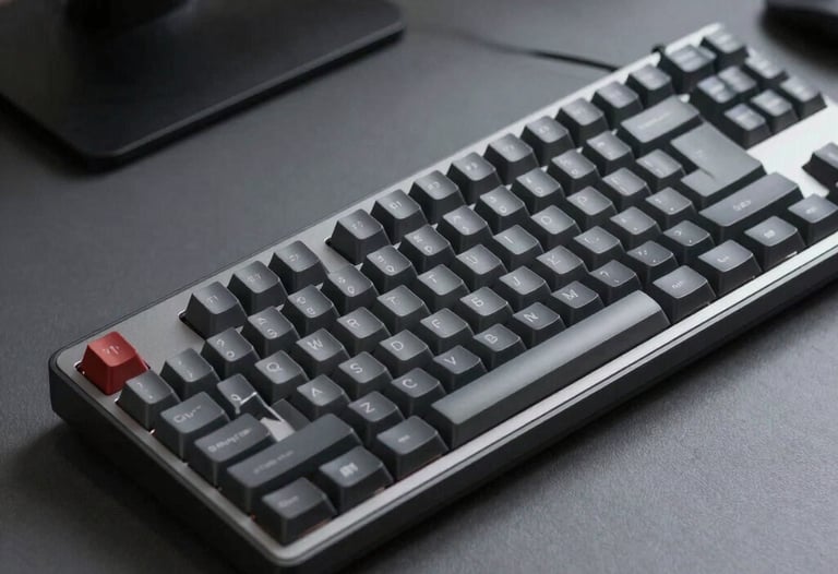 Sleek detail of a mechanical keyboard on a dark grey surface, professional software developer setup, neutral lighting, soft grey and black tones.
