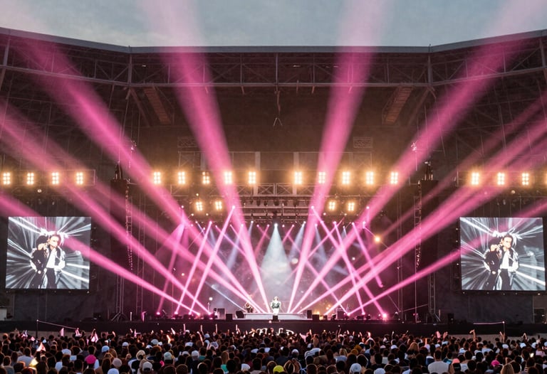 Wide shot of a massive concert stage in North America, with a complex array of pink light beams forming a geometric pattern in the air above the crowd.