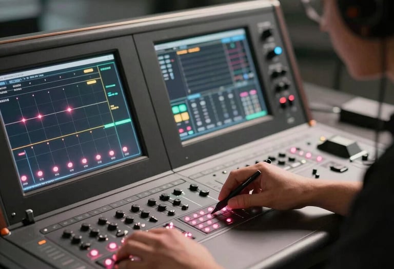 Detail photography of a professional lighting designer at a high-tech control console with small pink indicator lights, soft studio atmosphere.