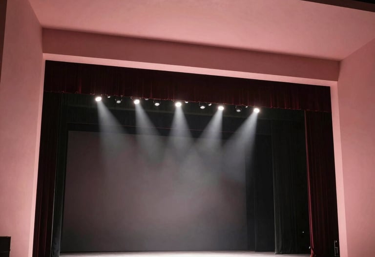 Modern photography of a theatrical stage plot showing complex lighting positions, rendered in a clean architectural style with muted pink accents.