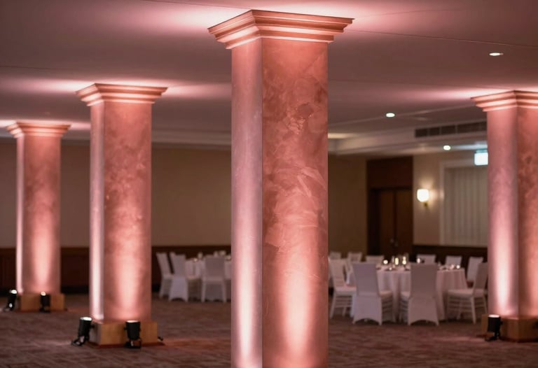 Professional photography of a light-filled ballroom in a North American / US venue, with elegant rose gold and pink uplighting accentuating the columns.