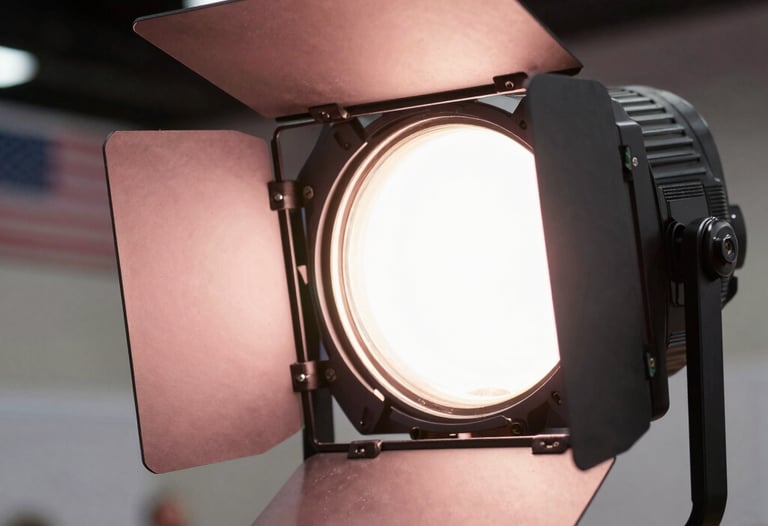 Close-up photography of a professional event lighting rig with modern fixtures glowing in a light rose pink color, soft focus on the North American / US venue background.