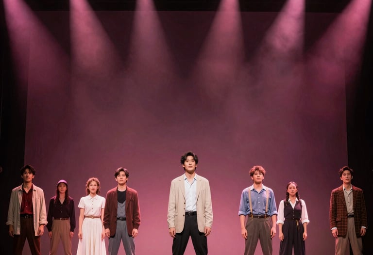 Full stage shot of a theater production with dynamic light cues featuring light pink and deep burgundy hues, focused on North American / US actors in a dramatic scene.