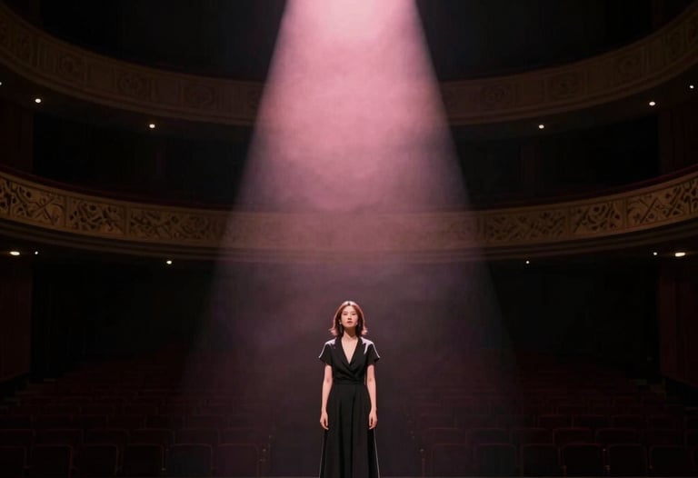 Cinematic photography of a single actress on a dark theater stage, illuminated by a soft, pale pink beam of light from above.