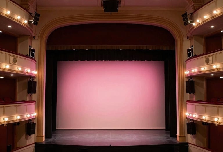 A top-down architectural view of a theater stage being lit with pink lights, showing technical symmetry and professional setup.
