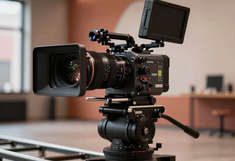 Close-up candid shot of a high-end cinema camera on a dolly track, soft focus background of an urban North American loft, warm terracotta accent lighting.