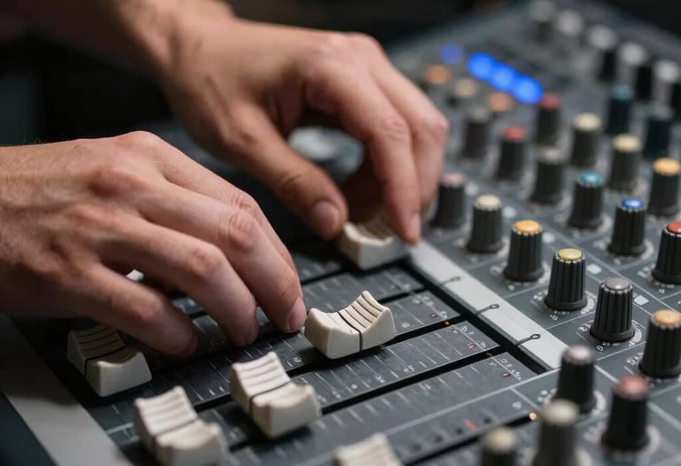 Close up of a sound mixer's hands on a fader board in a dark studio. Soft charcoal and silver tones with blue lighting.