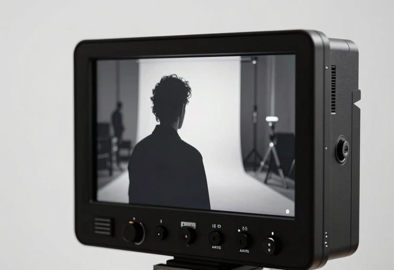 Sleek shot of a film monitoring screen displaying a high-contrast black and white scene. Minimalist studio setting.