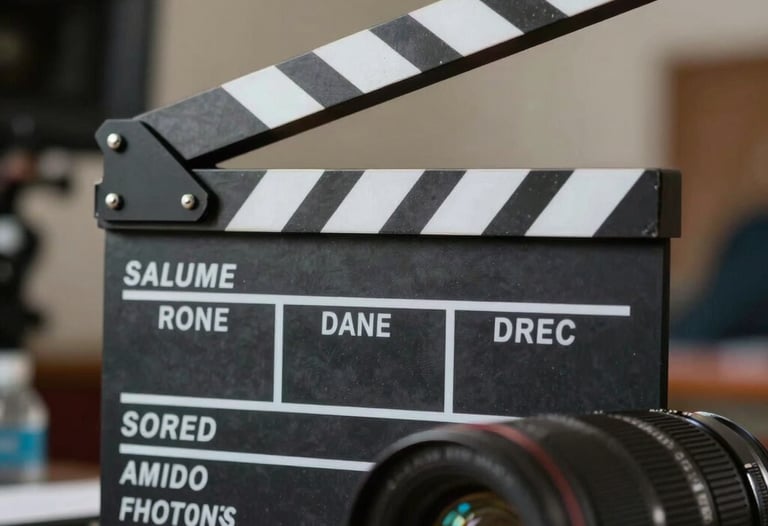 A close up of a film slate being snapped in front of a lens. Background is a blurred cinematic set.