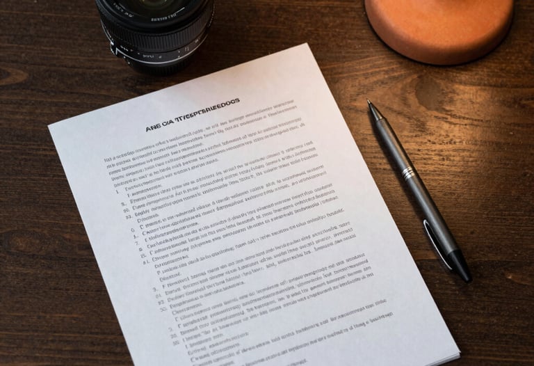 Top-down candid shot of a script and a charcoal pen on a dark wooden table, terracotta lighting from a nearby lamp. North American office.