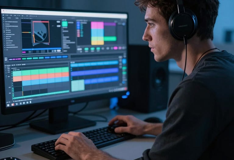 Candid shot of a film editor looking at a color grading panel. Moody blue lighting, charcoal shadows.