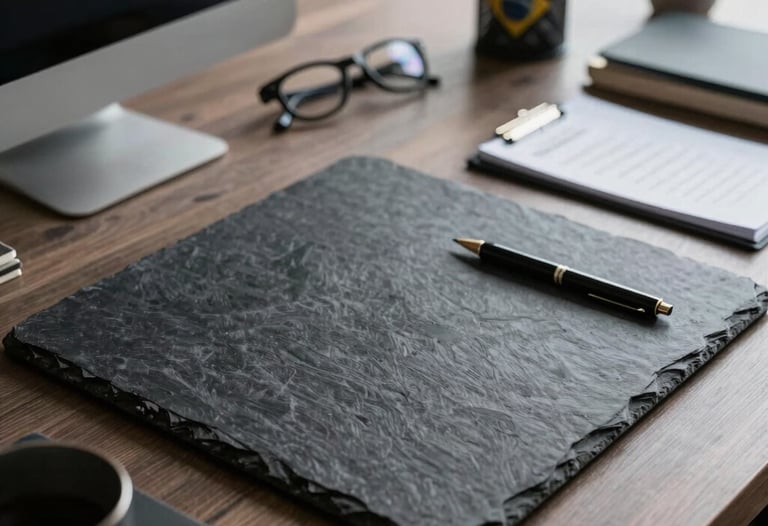 A refined workplace with dark slate textures, showcasing professional strategy tools and high-end Brazilian corporate ambiance.