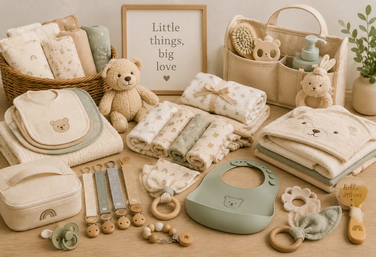 Neutral baby nursery essentials and organic cotton accessories featuring a teddy bear theme and silicone bibs.