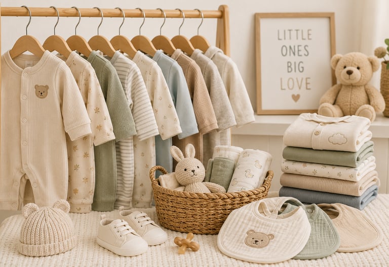 Organic cotton baby clothes in neutral colors hanging on a wooden rack with muslin bibs and a teddy bear.