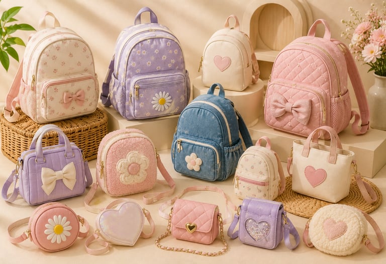 Collection of colorful pastel mini backpacks and crossbody bags for girls with floral and heart patterns.