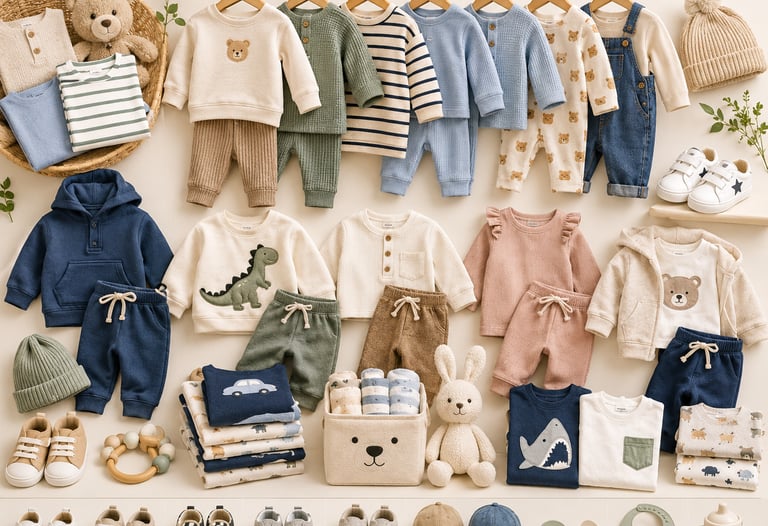 Neutral baby clothes collection including organic cotton sets, denim overalls, and soft leather toddler shoes.