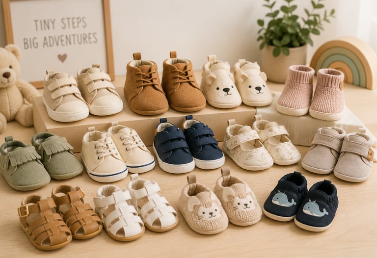 Collection of various soft sole baby shoes and newborn booties arranged on a wooden surface.