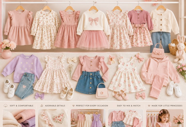 Collection of stylish girls' clothing featuring floral dresses, pink sweaters, and denim skirts on display.