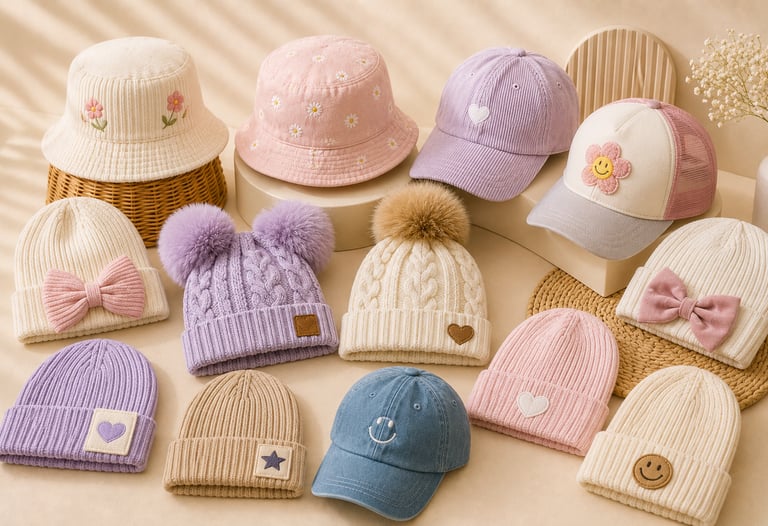 A collection of colorful children's winter hats including corduroy bucket hats, knit beanies with pom poms, and baseball