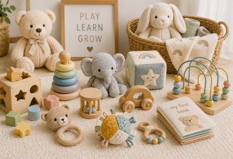Eco-friendly nursery scene with wooden stacking rings, plush elephant, and soft educational toys in neutral tones.