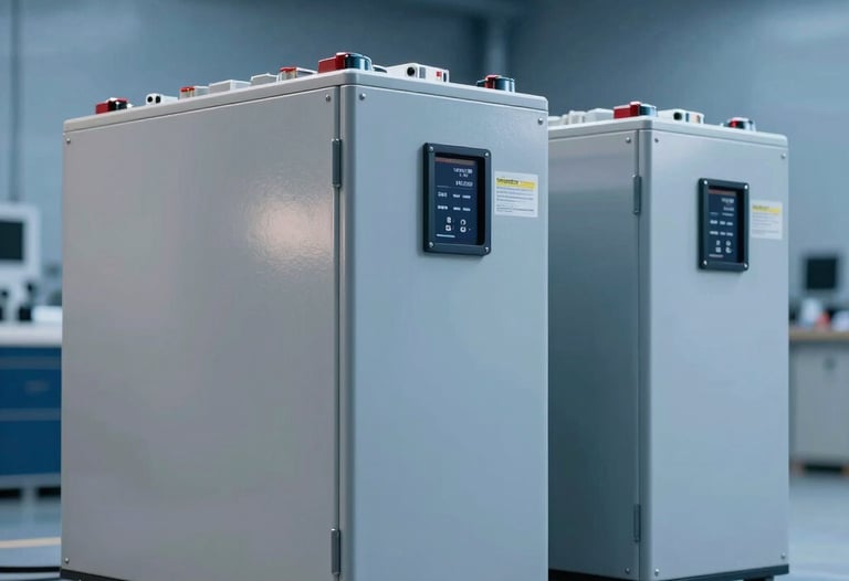 High-detail shot of a set of lithium battery storage units in a clean, modern industrial setting with deep blue lighting. Professional industrial photography.