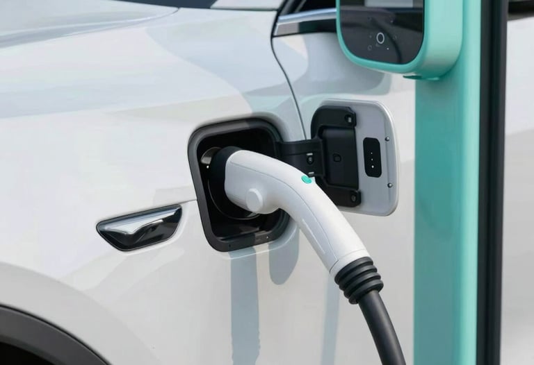 Close-up of a modern electric vehicle charging station with a sleek design, reflecting a pearl white and light aqua color scheme. Professional photography.