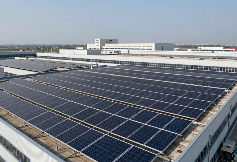 Wide shot of a large industrial factory rooftop covered with high-efficiency solar panels under a clear sky. Professional architectural photography.
