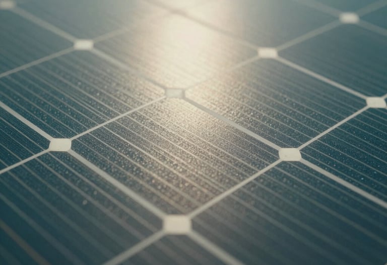 Close-up macro shot of solar cells highlighting the crystalline texture and light reflection in sage and teal tones.