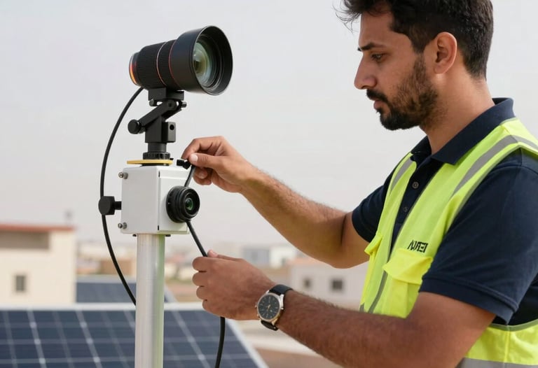 Photography of a professional technician in a branded safety vest installing advanced solar monitoring equipment. The scene is bright and highlights clean engineering work. Middle Eastern / Yemeni setting.