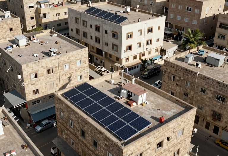Aerial view of a city residential area in Yemen featuring rooftop solar panel arrays on multiple buildings. Daytime photography.