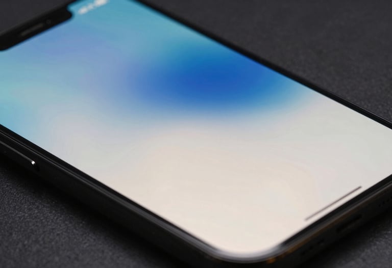 Abstract photography of light reflecting off a glass smartphone screen, creating a blue and off-white flare. Modern, artistic, International / European tech style.