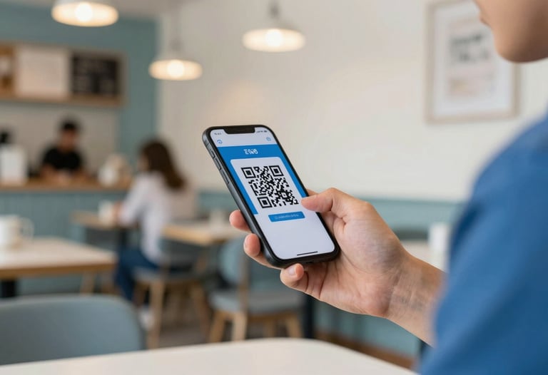 A person using a smartphone to scan a QR code in a modern European cafe. Bright lighting, casual but tech-forward vibe. Blue and off-white color palette.