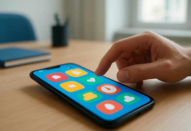 A close-up photograph of a hand interacting with a vibrant Android app on a high-resolution screen. The interface is colorful and playful. Bright, natural lighting in a modern International / European home office. Deep blue and off-white accents dominate the scene.