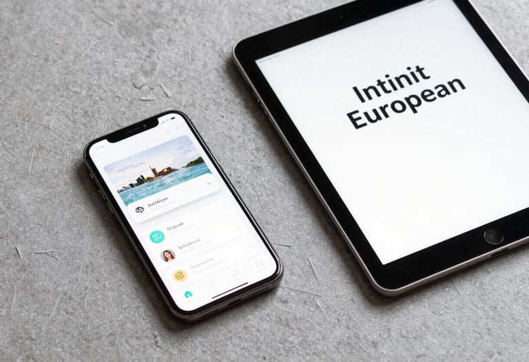 Clean flat-lay photography of a smartphone and a tablet on a grey textured surface, displaying a unified app brand. Professional, minimal, International / European.