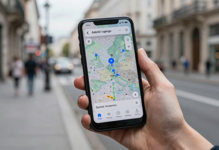 A close-up of a hand holding an Android phone in a city setting. The screen shows a map app with vibrant blue markers. International / European city street background.