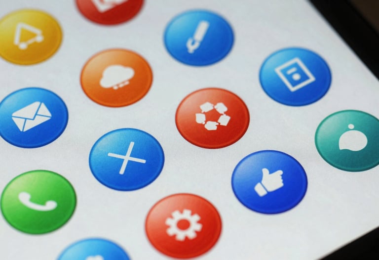 Macro shot of a high-resolution screen showing colorful, rounded UI buttons. International / European design style, vibrant but clean, focus on tactile detail.