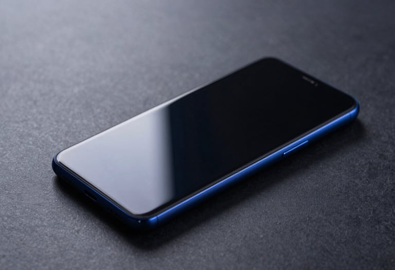 High-contrast shot of a sleek Android smartphone sitting on a dark grey surface, reflecting blue ambient light. Minimal and sophisticated.