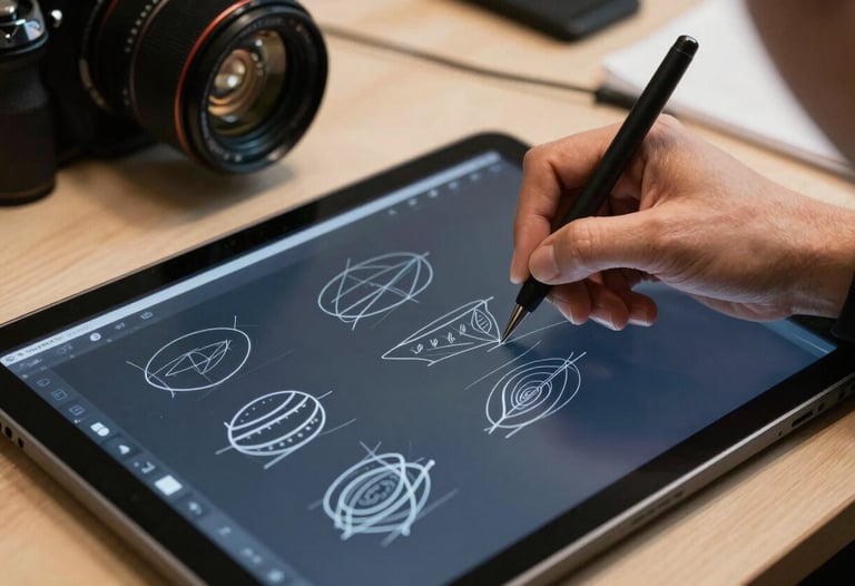 A designer's hand drawing wireframes on a digital tablet. The screen shows a dark blue interface layout. Professional lighting, International / European studio.