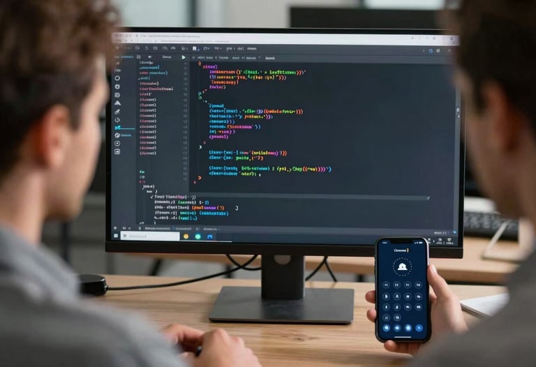 Over-the-shoulder shot of a developer looking at lines of clean code on a large monitor, with a smartphone testing device nearby. Professional, modern, International / European workspace.