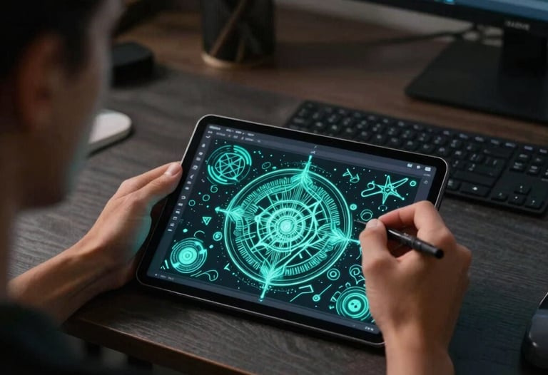 An over-the-shoulder shot of a designer using a tablet to draw intricate neon teal digital art. The room is dark and modern. North American / US creative studio.