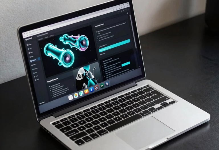 A sleek, modern laptop open on a black desk, showing a high-end web design with liquid animations and neon cyan accents. North American / US creative studio.