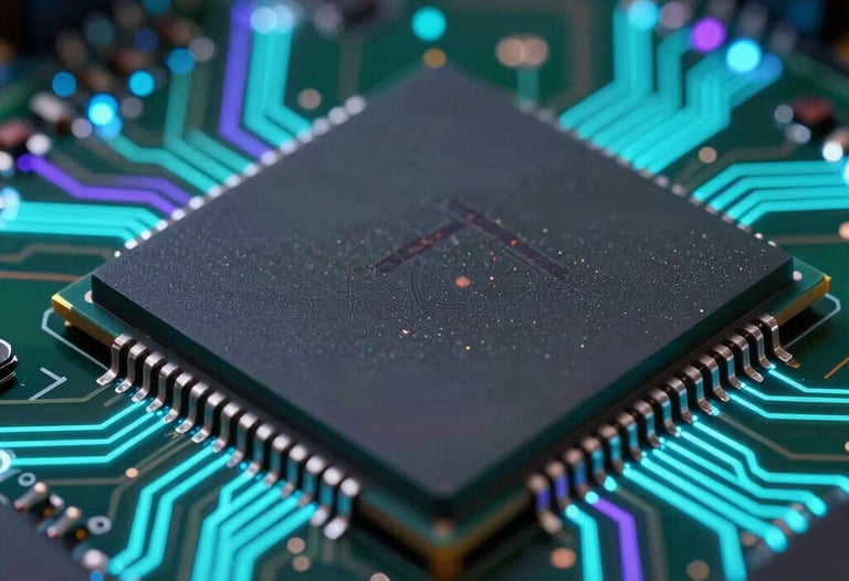 A macro shot of a computer chip or digital circuit board glowing with neon cyan and violet pulses, representing high-end digital infrastructure. Cinematic lighting, North American / US tech aesthetic.